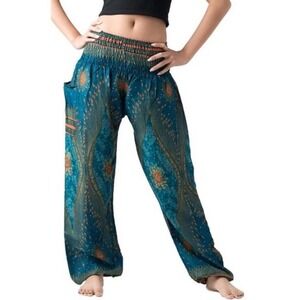 Boho Peacock Print Harem Pants Blue Elastic Waist One Size Fits S/M Festival